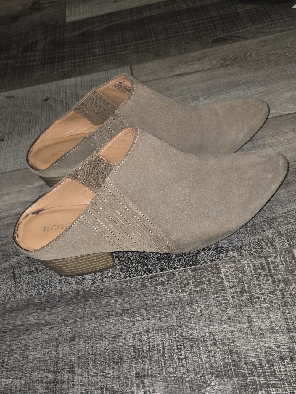 BCBG Taupe Suede Mule Booties Size 10